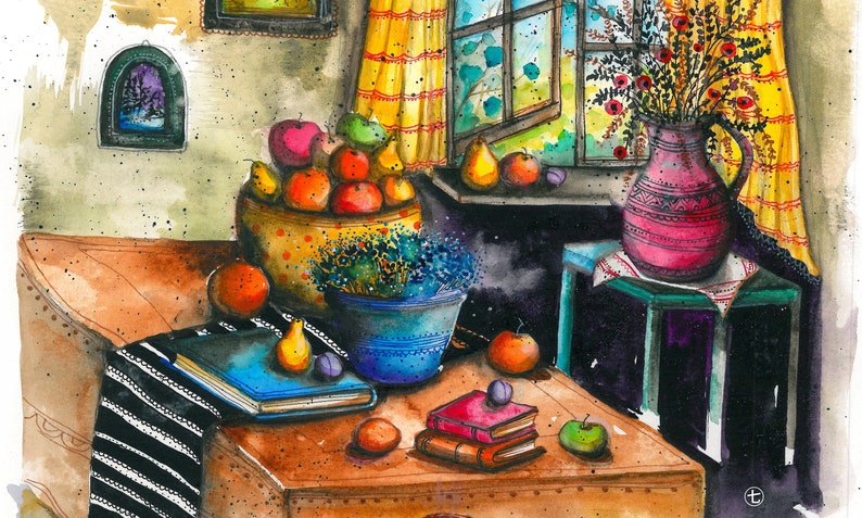 Colorful Painting Books,Fruits,Home Deco Watercolor Print,Static Nature Original Gift Spring Interior,Wall Art,Beautiful
