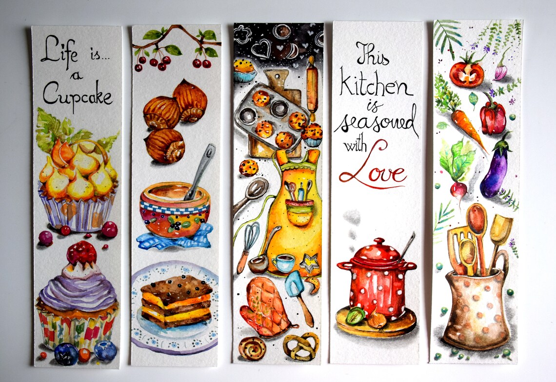 NEW Bookmarks Set Of 5 Watercolor Kitchen Cooking Bookmarks | Etsy