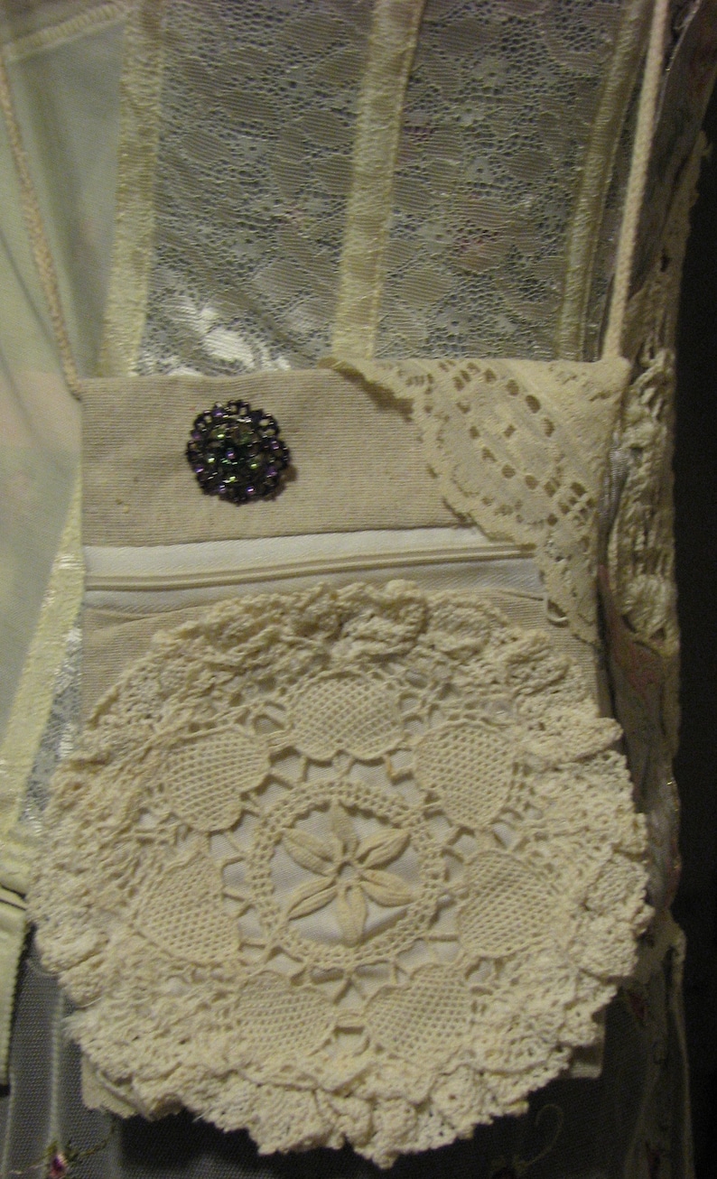 Mini Cell Phone Bag Canvas Tote with Lace Dollie and Flower Button Dollie Mini Canvas Tote with Lace