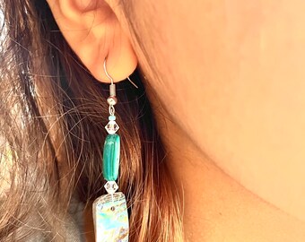 Nativecrafted handcut abalone earrings with blue mother of pearl beads