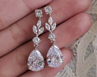 Pendientes colgantes nupciales Pendientes colgantes en forma de lágrima de pera de cristal Conjunto de joyas de boda Pendientes CZ Pendientes de vid de hoja de diamante Conjunto de pulsera