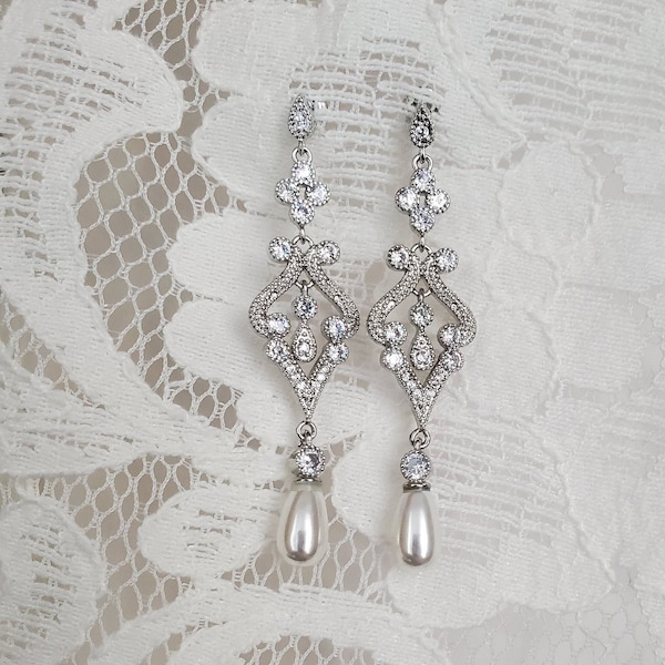 Bridal Pearl Drop Earrings Vintage Art Deco Romantic Dangle Earrings Wedding Jewelry Set CZ Crystal Earrings Teardrop Earring Bracelet Set