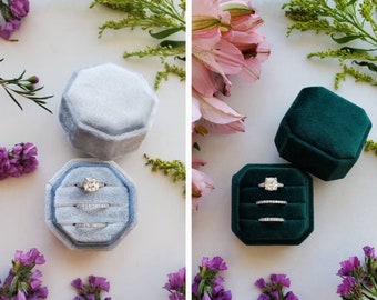 TRIPLE Velvet Ring Box | Octagon Three Slot | Engagement Ring & Wedding Set Elegant Keepsake Box, Bridal Photo Props, Ring Bearer, Gift Box