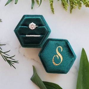 Velvet Ring Box, Rich Green | Hexagon Double Ring Box | Wedding Ring & Engagement Ring Box, Ring Bearer Gift