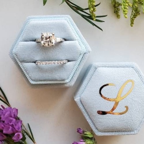 Velvet Ring Box Baby Blue Hexagon Double Ring Box Wedding Etsy