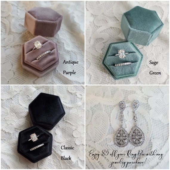 Initial Velvet Ring Box Deep Purple Color Hexagon Shape Double Slot for Engagement Ring and Wedding Ring