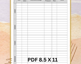 May include: A printable medication log with a gold and white design. The log includes columns for date, time taken, medication and dosage, blood pressure, heart rate, and notes. The log is formatted for a standard 8.5 x 11 inch sheet of paper.