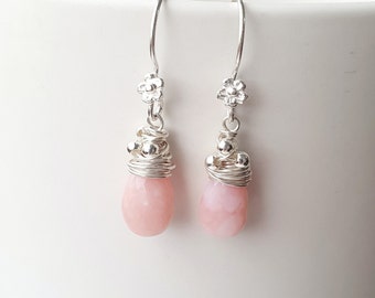 Pink Opal & Sterling Silver 925 Wire Wrapped Briolette Earrings, Pink Opal Drop Earrings, Pink Sterling Silver Earrings, Pink Earrings