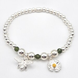 Sterling Silver 925 Elasticated Stretch Bracelet with Bee and Flower Charms