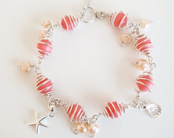 Sterling Silver 925 Charm Bracelet And Earrings Set, Japan Sea Coral And Freshwater Pearl Bracelet And Earrings, Coral Pink Charm Bracelet