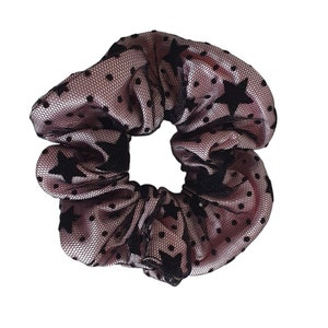 Satin Hair Scrunchie Black Stars On Pale Pink Hair Accessory Women Girls