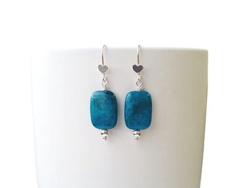 Chrysocolla Drop Earrings in Sterling Silver 925, Blue Green Gemstone