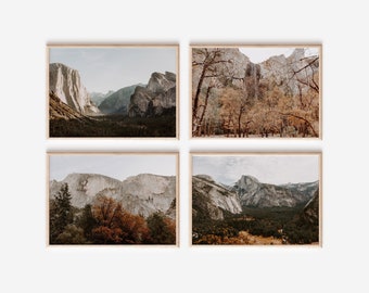 May include: Four framed photographs of Yosemite National Park in California. The photos show different views of the park, including a valley with mountains in the background, a waterfall, and a close-up of Half Dome.