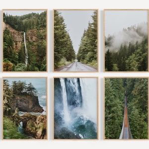 This listing is a set of 6 Downloadable Mountain photo prints. The mountain prints have hues of green and blue in the mountains, trees, waterfalls and ocean. It is perfect for wall art in rustic living rooms, bedrooms, and dining rooms.