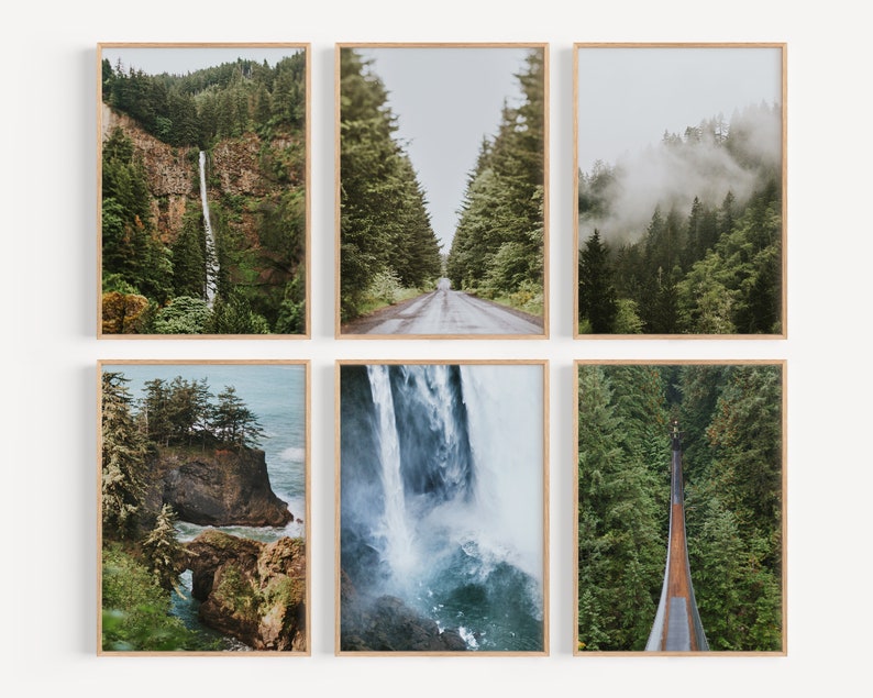 This listing is a set of 6 Downloadable Mountain photo prints. The mountain prints have hues of green and blue in the mountains, trees, waterfalls and ocean. It is perfect for wall art in rustic living rooms, bedrooms, and dining rooms.