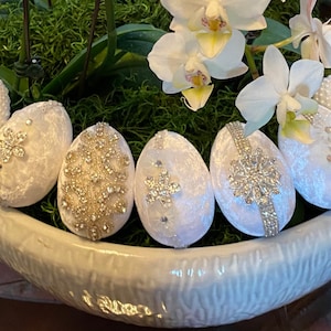 Sofreh Aghd set of 7 eggs decorated with white  velvet, jewels, pearls,and chiffon flowers