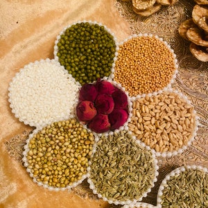 May include: A decorative arrangement of various seeds and grains, including green beans, mustard seeds, and wheat, presented in pearl-edged dishes. The arrangement is centered around dried red roses, with a golden background.