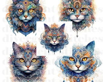 Sublimation Graphic - Watercolor Paisley Cat BUNDLE - 5 ORIGINAL IMAGES - Commercial Use