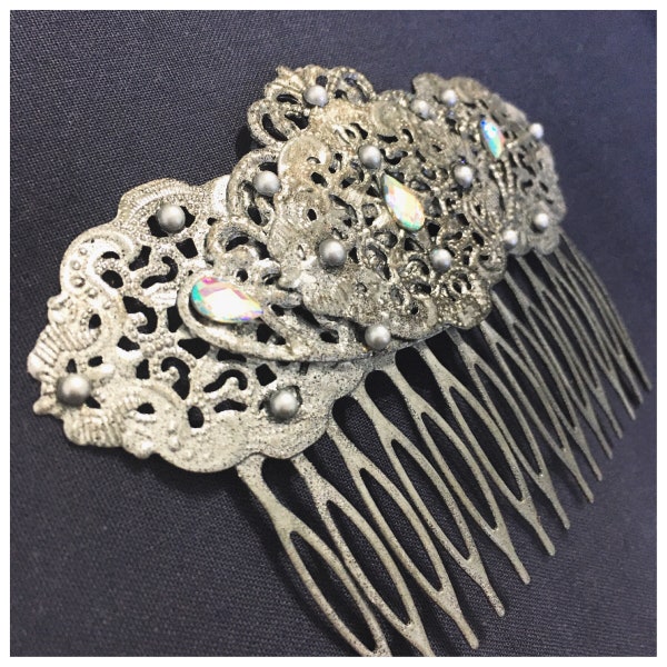 Filigree Hair Comb Fascinator in ‘antique silver’  -  with iridescent gems and ‘silver’ stud embellishments