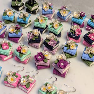 Floral Book Stack Earrings | Gifts for Booklovers, English Teachers | Nickel-free | Bookish | Bibliophile | Clay | Mini Book Earrings