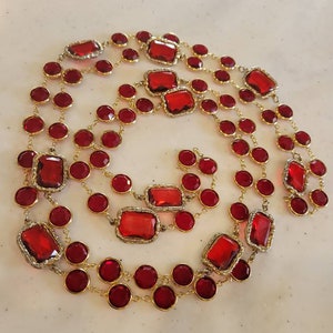 Ruby Red Vintage Gold Plated Chicklet Sautoir Necklace 58" Long