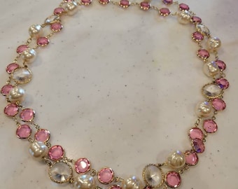 Swarovski Rivoli Clear and Hot Pink 18KT GP Chicklet Baroque Pearl Crystal 46" Sautoir Necklace