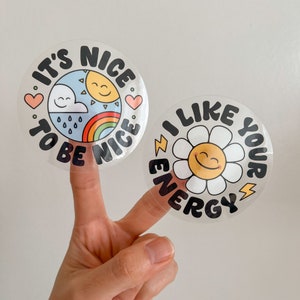 Vrolijke stickerset - duidelijke vinylsticker, schattige stickerset, waterdicht, vaatwasmachinebestendig, handschrift, positieve vibes, optimistische stickers