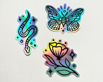 Pacchetto di adesivi olografici mistici: serpente stregonesco, falena, fiore