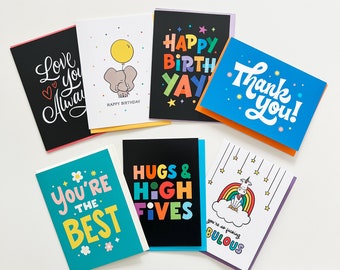Greeting Card Bundle – cute colorful cards for every occasion, hand lettered, birthday card, thank you, thinking of you, best friend card
