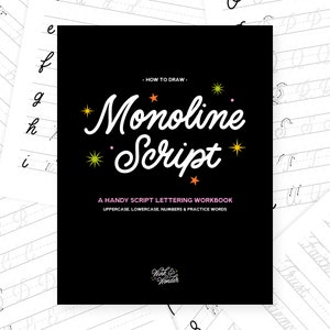 Puede incluir: Un cuaderno negro titulado "Monoline Script" con letras blancas y acentos de estrellas. El cuaderno es para rotulación de guiones e incluye mayúsculas, minúsculas, números y palabras de práctica. Hojas de práctica con letras cursivas son visibles en el fondo.