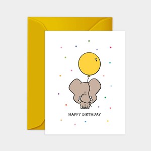 Happy Birthday Elefant Grußkarte, Bunte Bunte Grußkarte Geburtstag, HBD Karte, Gelber Ballon Elefant Geburtstagskarte