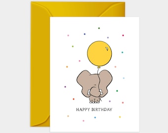 Happy Birthday Elephant Greeting Card, Bright Colorful Fun Greeting Card Birthday, HBD Card, Yellow Balloon Elephant Birthday Card