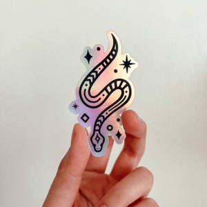 Adesivo de cobra mística – adesivo de vinil holográfico, adesivo de cobra mágica, à prova d'água, pode ser lavado na máquina de lavar louça, arte em linha preta, ilustração de cobra