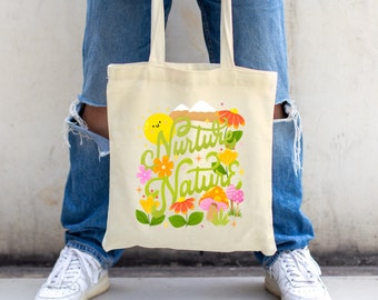 Nurture Nature Organic Tote Bag for groceries, cute tote bag gift, organic cotton tote bag, kawaii tote for markets, natural cotton tote bag