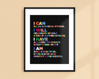 I Can Art Print | fun colorful rainbow poster, handlettering cute best friend gift, kids room decor, cool college poster, affirmation poster