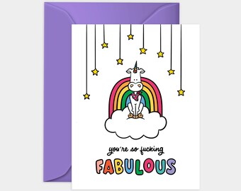 You're So F*cking Fabulous Greeting Card for Friend, Sassy Card for LGBTQ+, Unicorn Greeting Card for College Student, Hand Lettering Card