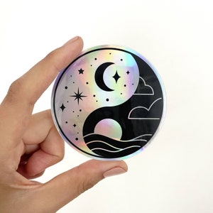 Yin Yang Holographic Sticker for Laptop or Water Bottle, Waterproof Vinyl Sticker for Friend, Gift for Yoga Student, Spiritual Sticker
