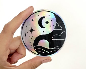 Yin Yang Holographic Sticker for Laptop or Water Bottle, Waterproof Vinyl Sticker for Friend, Gift for Yoga Student, Spiritual Sticker