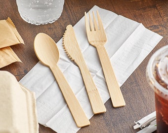 Bamboo 6 3/4" Compostable Wrapped Bamboo Cutlery Set with Napkin - 100/Pack