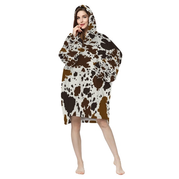Brownish Cow Print Adults' All Over Print Pullover Hooded Lounger
