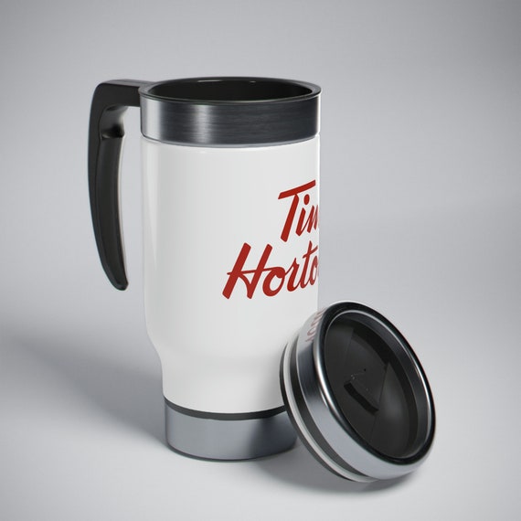 Tim Hortons Stainless Steel Travel Mug With Handle 14oz Spill-proof,  Stipple Print Texture Perfect for Coffee & Tea On-the-go 