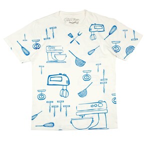 Men&#39;s and Women&#39;s T-shirt, Cooking all over printed T-shirt,  white/ blue print 100% cotton, Kitchen tools printed all over the shirts,