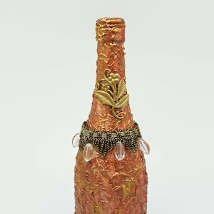 Bronze and Gold Textured Bottle, Bottle Art, Decorated Wine Bottle, Altered Wine Bottle