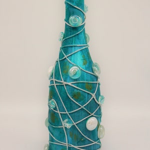 Blue Bottle with Glass Stones and Silver Cord, Decorative Wine Bottle, Altered Wine Bottle