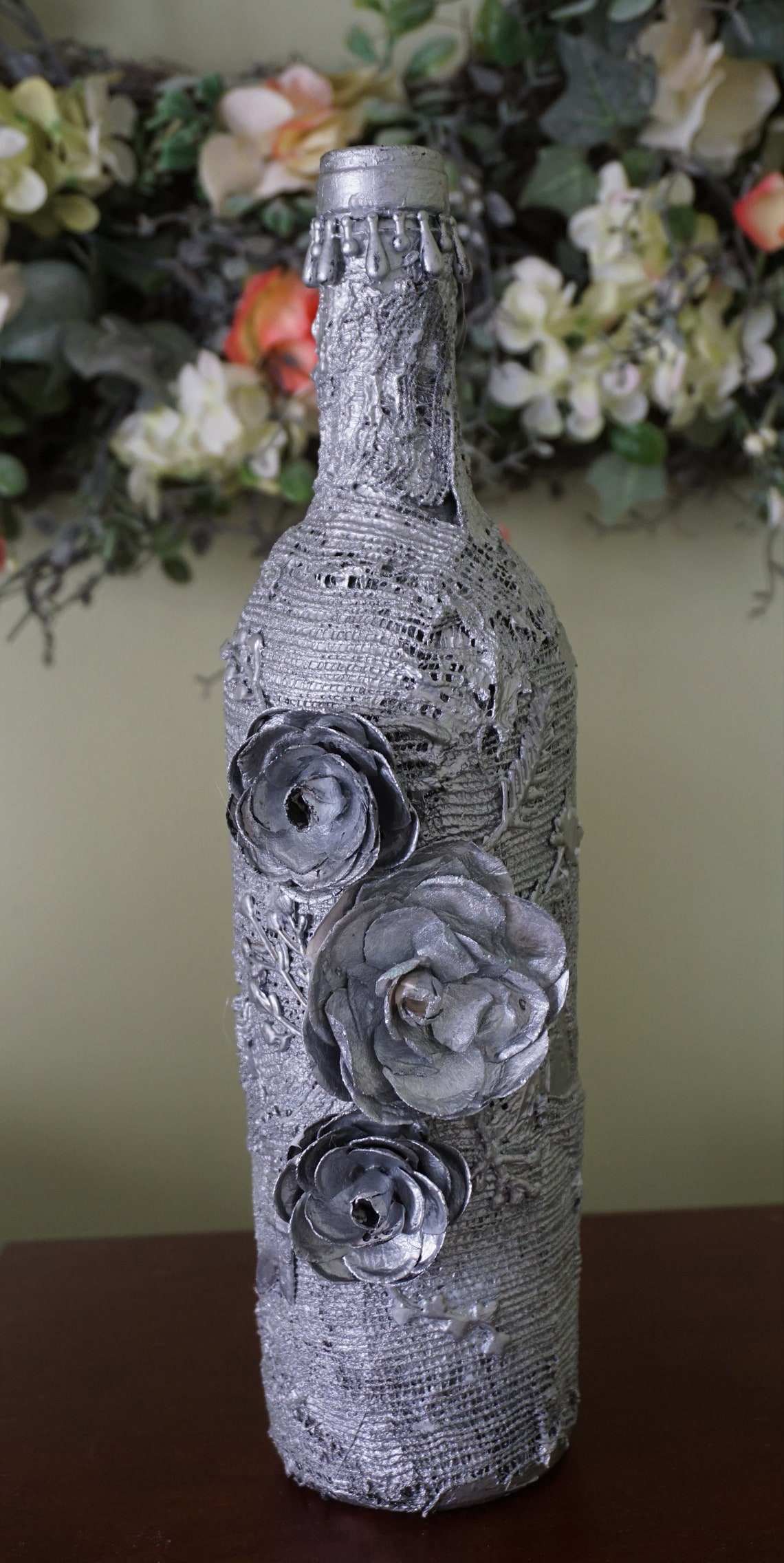 Silver Wine Bottle With Flowers Etsy