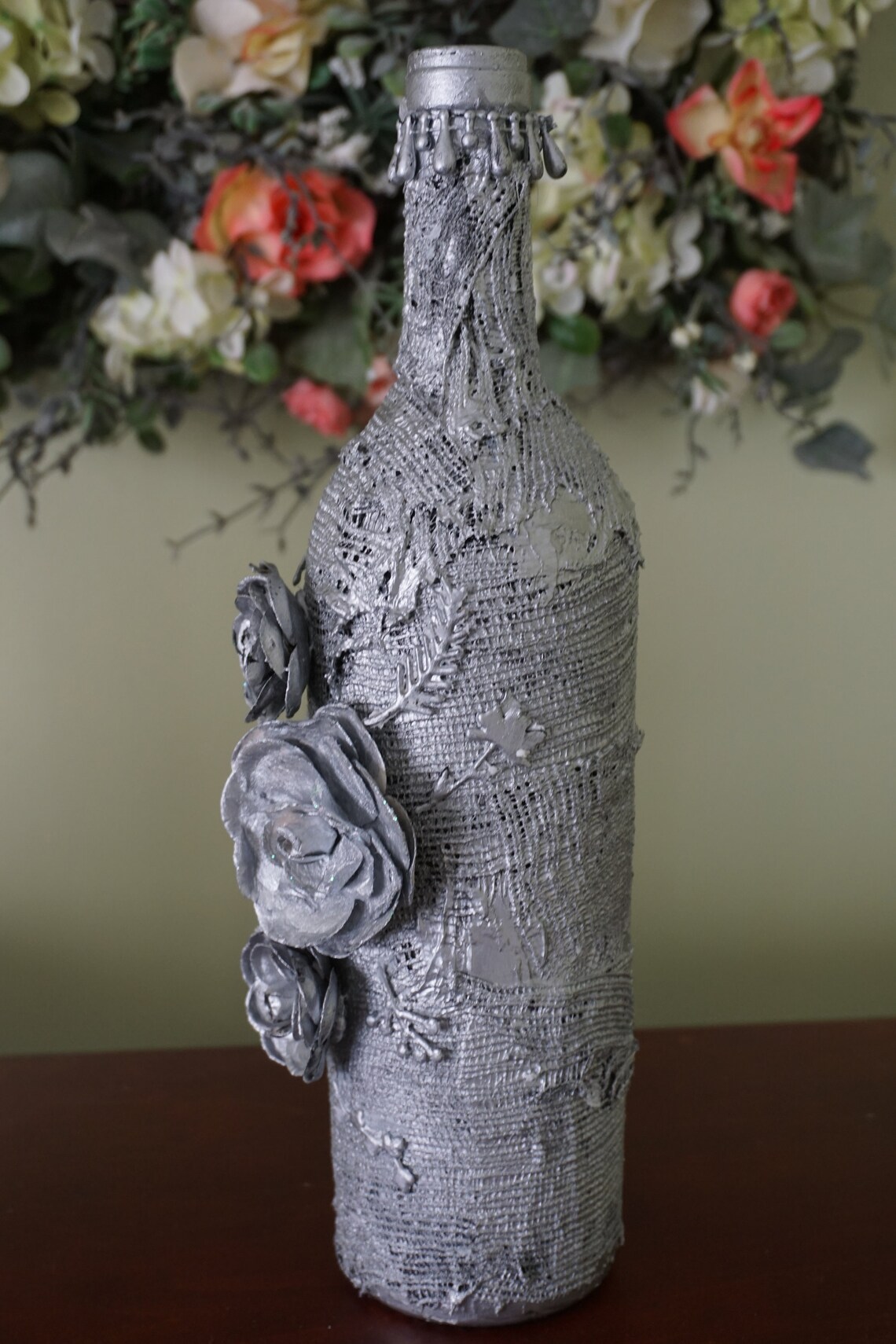 Silver Wine Bottle With Flowers Etsy