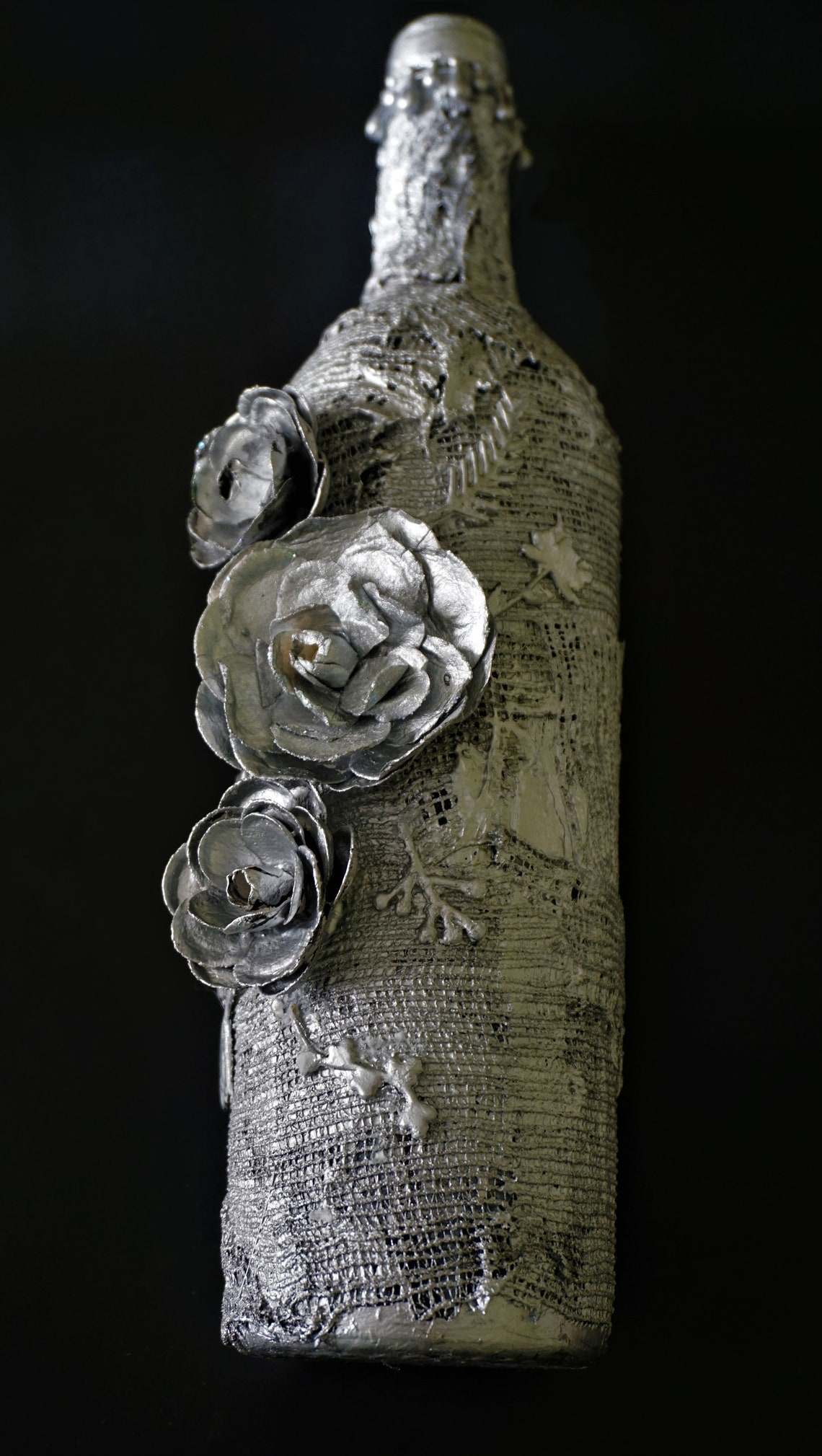 Silver Wine Bottle With Flowers Etsy