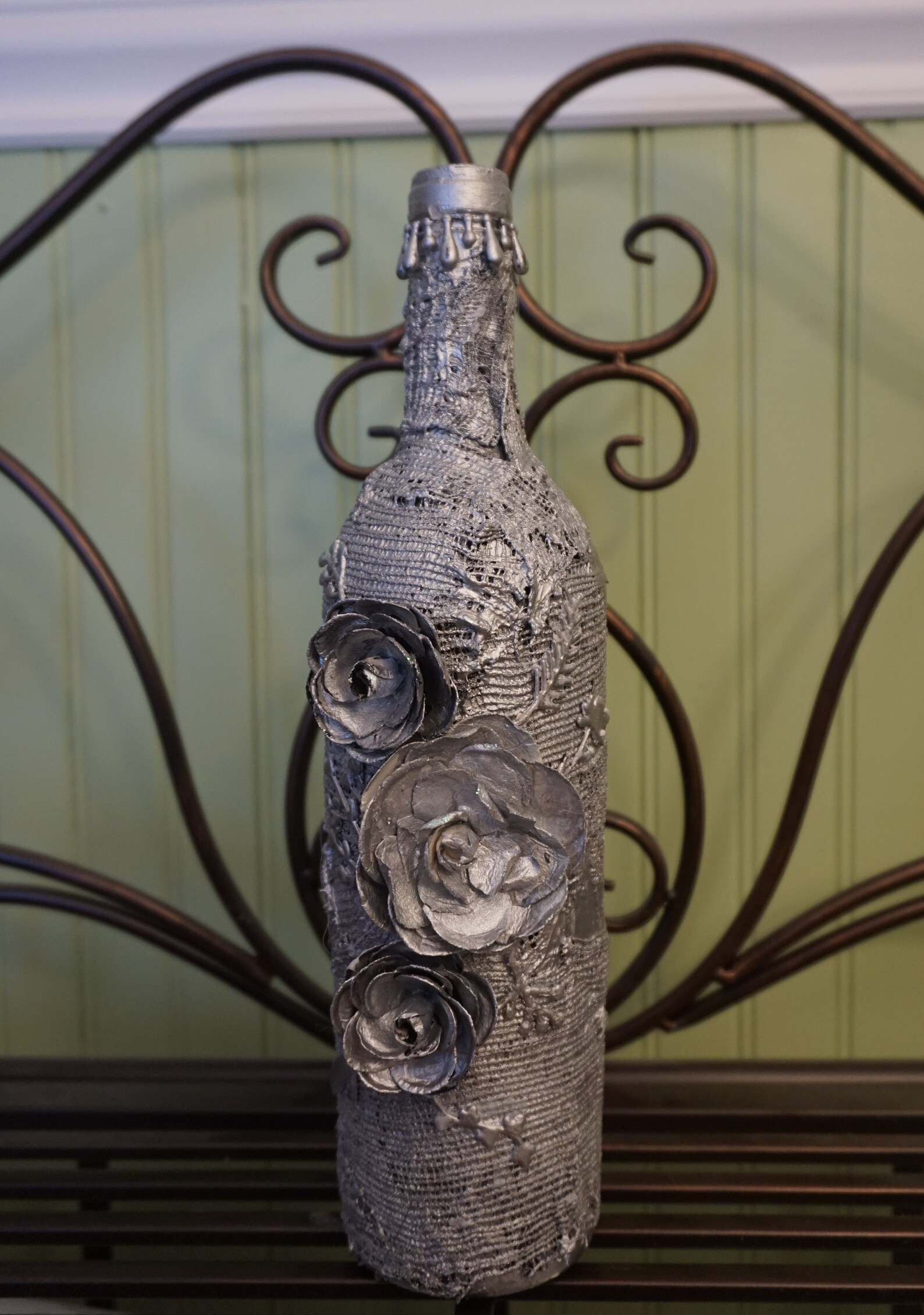 Silver Wine Bottle With Flowers Etsy