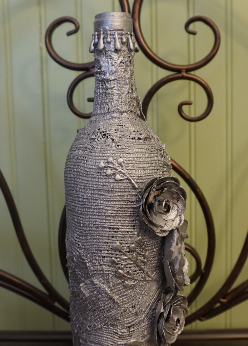 Silver Wine Bottle With Flowers Etsy