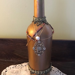 Decorated Bottle, Altered Bottle, Wine Bottle Decor, Decorated with Jewelry